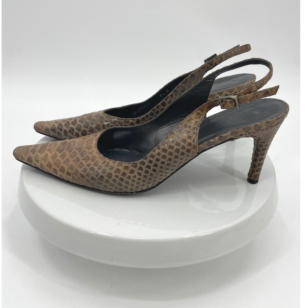 Stuart Weitzman Slingback Pumps Womens 8.5 Brown Leather Snakeskin Pointed Heel